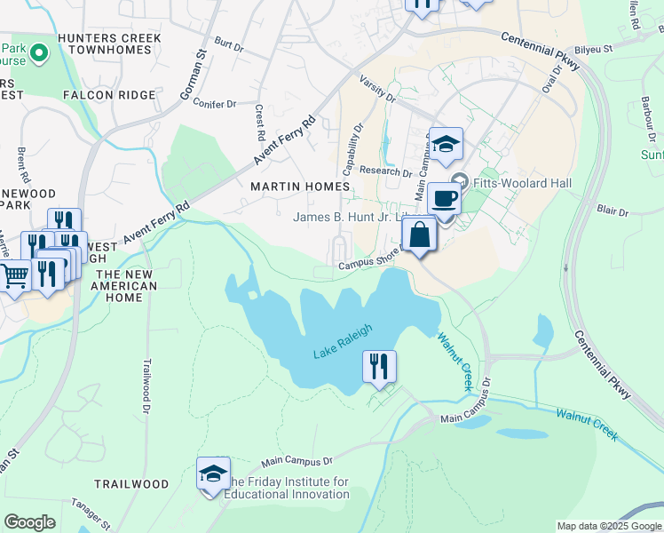 map of restaurants, bars, coffee shops, grocery stores, and more near 1230 Capability Drive in Raleigh
