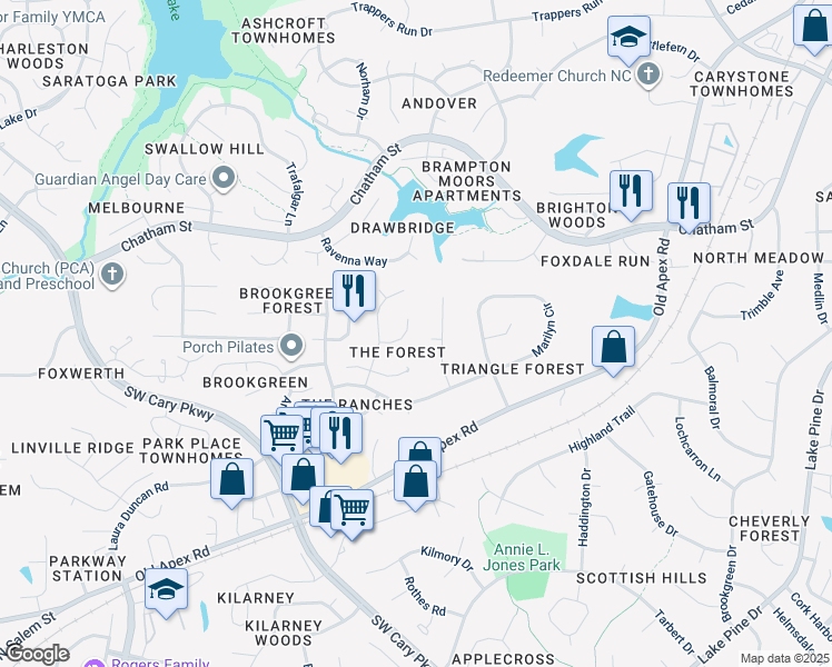 map of restaurants, bars, coffee shops, grocery stores, and more near 110 Mariposa Drive in Cary