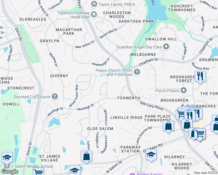 map of restaurants, bars, coffee shops, grocery stores, and more near 124 Brushy Lake Way in Cary