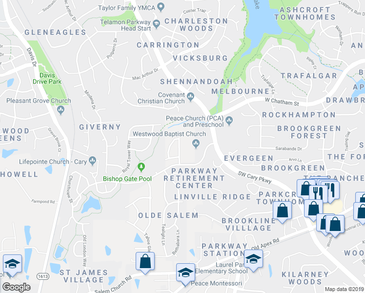 map of restaurants, bars, coffee shops, grocery stores, and more near 124 Brushy Lake Way in Cary