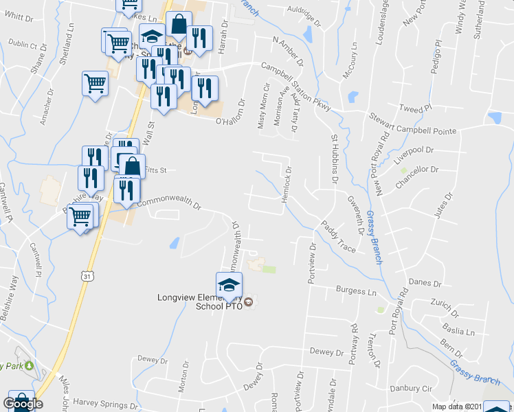 map of restaurants, bars, coffee shops, grocery stores, and more near 1014 Hemlock Drive in Spring Hill