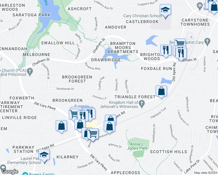 map of restaurants, bars, coffee shops, grocery stores, and more near 110 Mariposa Drive in Cary