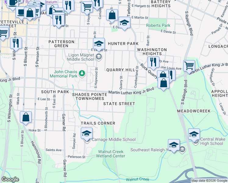 map of restaurants, bars, coffee shops, grocery stores, and more near 1105 South State Street in Raleigh