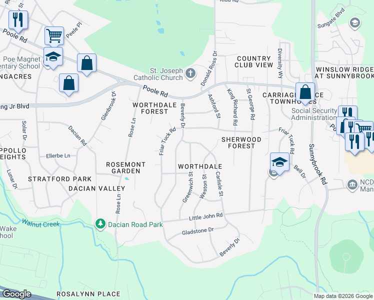 map of restaurants, bars, coffee shops, grocery stores, and more near 812 Greenwich Street in Raleigh