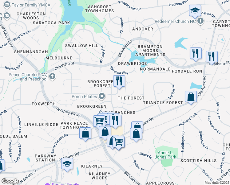 map of restaurants, bars, coffee shops, grocery stores, and more near 203 Amberglow Place in Cary