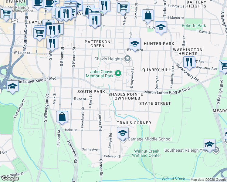 map of restaurants, bars, coffee shops, grocery stores, and more near 510 Martin Luther King Junior Boulevard in Raleigh