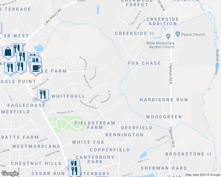 map of restaurants, bars, coffee shops, grocery stores, and more near 3202 Westshire Drive in Wilson