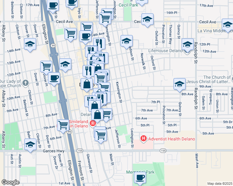 map of restaurants, bars, coffee shops, grocery stores, and more near 814 Kensington Street in Delano
