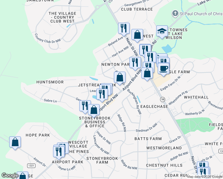 map of restaurants, bars, coffee shops, grocery stores, and more near 3709 Lear Court Northwest in Wilson
