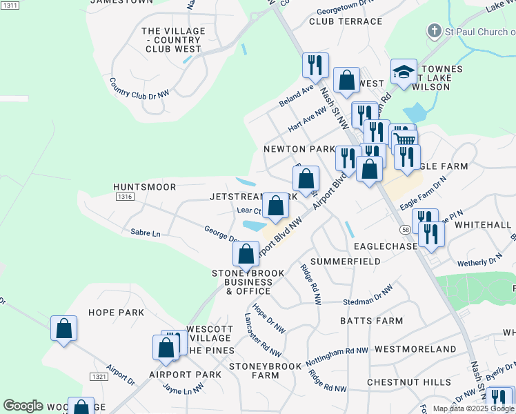 map of restaurants, bars, coffee shops, grocery stores, and more near 3721 Lear Court Northwest in Wilson