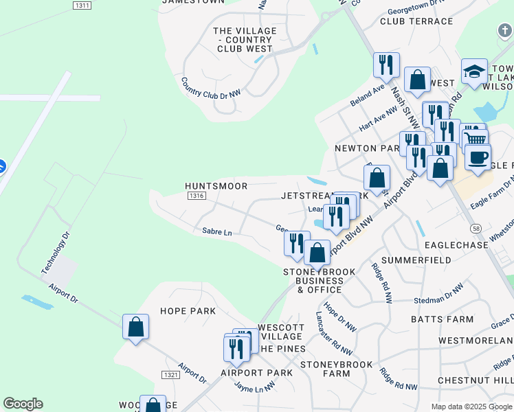 map of restaurants, bars, coffee shops, grocery stores, and more near 3825 Starship Lane Northwest in Wilson
