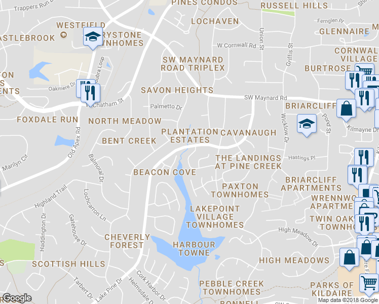 map of restaurants, bars, coffee shops, grocery stores, and more near 147 Sterlingdaire Drive in Cary
