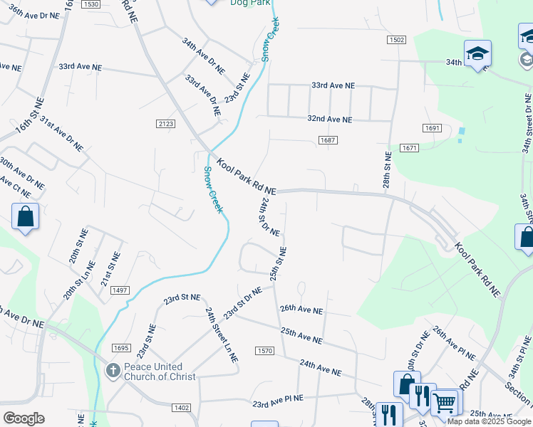 map of restaurants, bars, coffee shops, grocery stores, and more near 2912 24th Street Drive Northeast in Hickory
