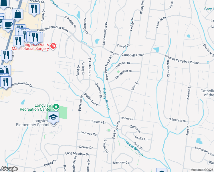 map of restaurants, bars, coffee shops, grocery stores, and more near 2799 New Port Royal Road in Thompson's Station