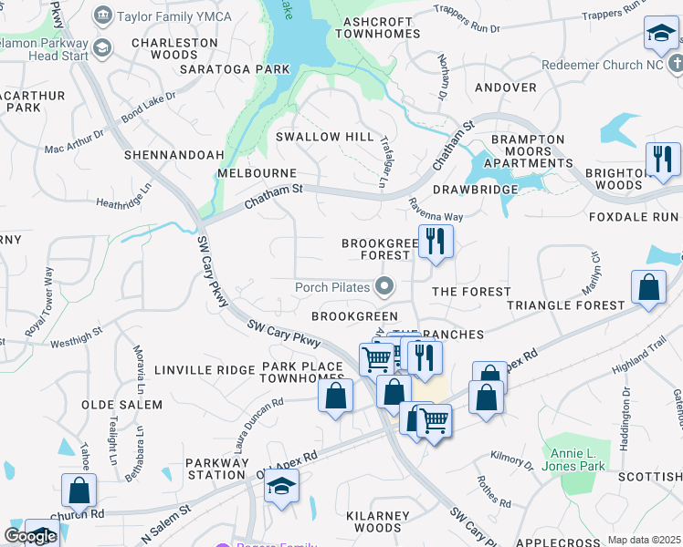 map of restaurants, bars, coffee shops, grocery stores, and more near 116 Sarabande Drive in Cary