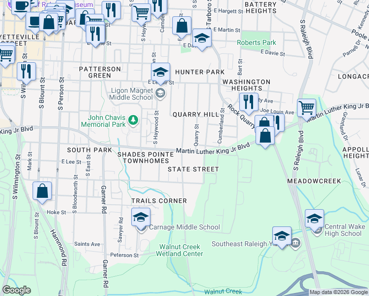 map of restaurants, bars, coffee shops, grocery stores, and more near 1105 South State Street in Raleigh