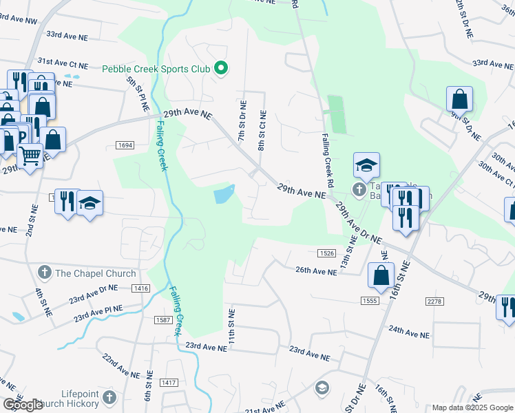 map of restaurants, bars, coffee shops, grocery stores, and more near 860 Wynnshire Drive in Hickory