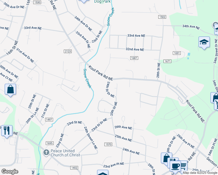 map of restaurants, bars, coffee shops, grocery stores, and more near 2912 24th Street Drive Northeast in Hickory