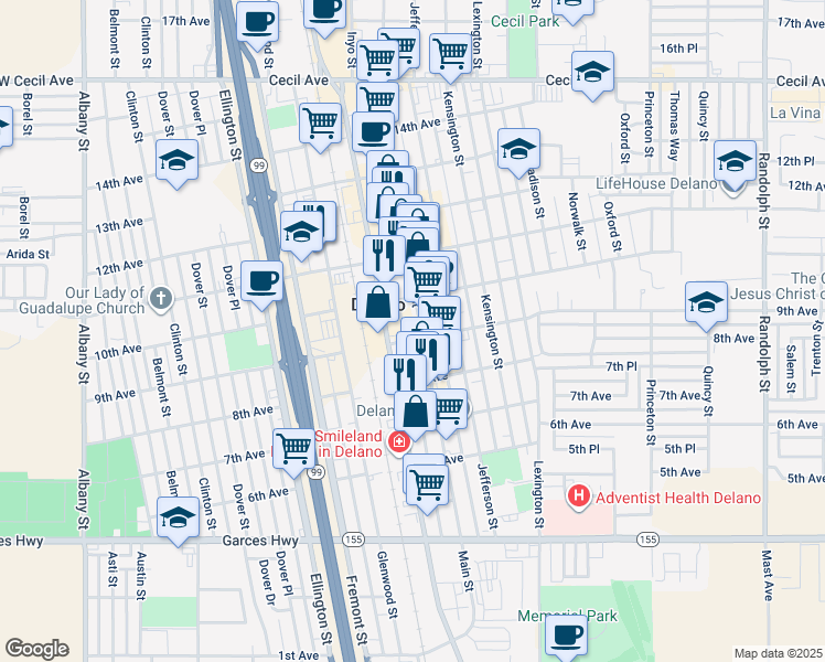 map of restaurants, bars, coffee shops, grocery stores, and more near 827 Main Street in Delano