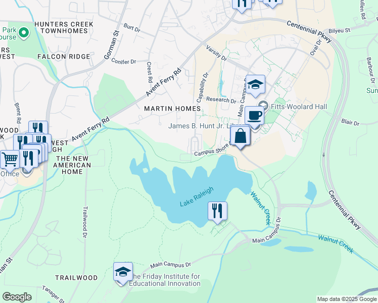 map of restaurants, bars, coffee shops, grocery stores, and more near 1230 Capability Drive in Raleigh