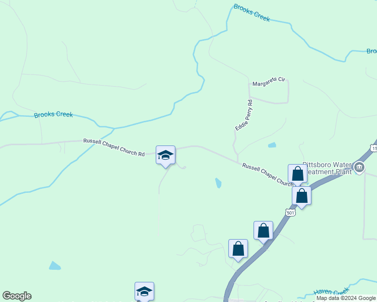 map of restaurants, bars, coffee shops, grocery stores, and more near 631 Russell Chapel Church Road in Pittsboro