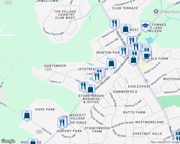 map of restaurants, bars, coffee shops, grocery stores, and more near 3721 Lear Court Northwest in Wilson