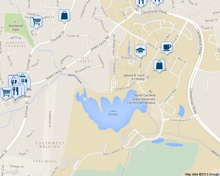 map of restaurants, bars, coffee shops, grocery stores, and more near 1230 Capability Drive in Raleigh