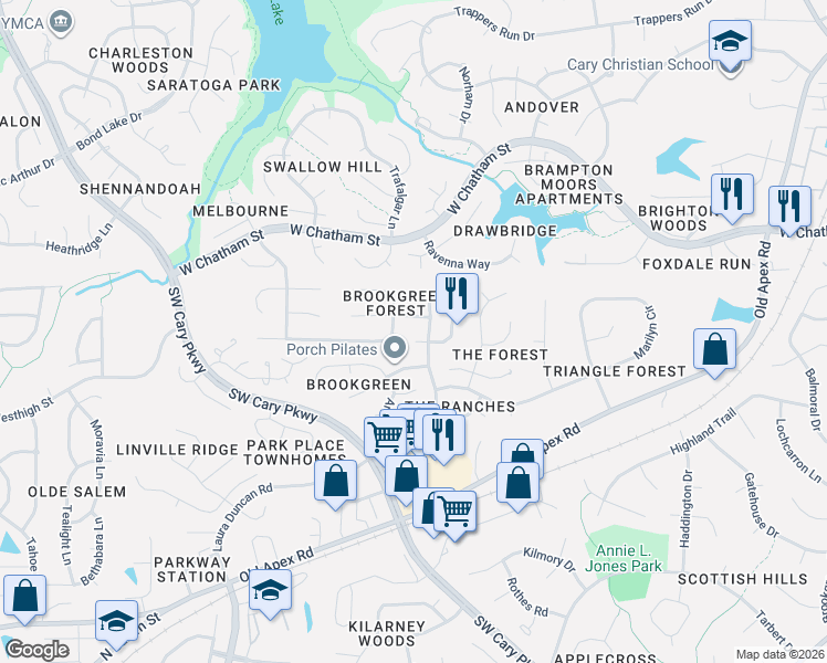 map of restaurants, bars, coffee shops, grocery stores, and more near 109 Sarabande Drive in Cary