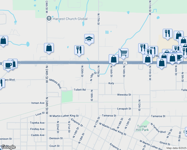 map of restaurants, bars, coffee shops, grocery stores, and more near 1541 North 18th Street in Muskogee