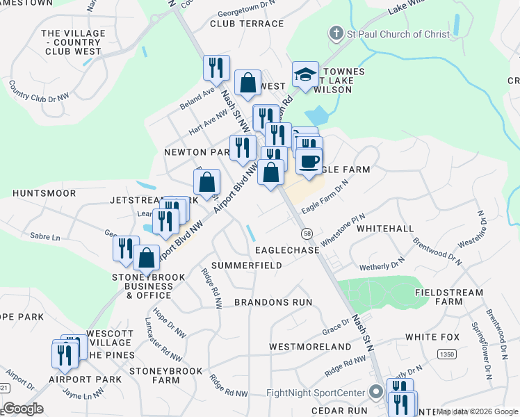 map of restaurants, bars, coffee shops, grocery stores, and more near 3618 Eagle Point Lane Northwest in Wilson