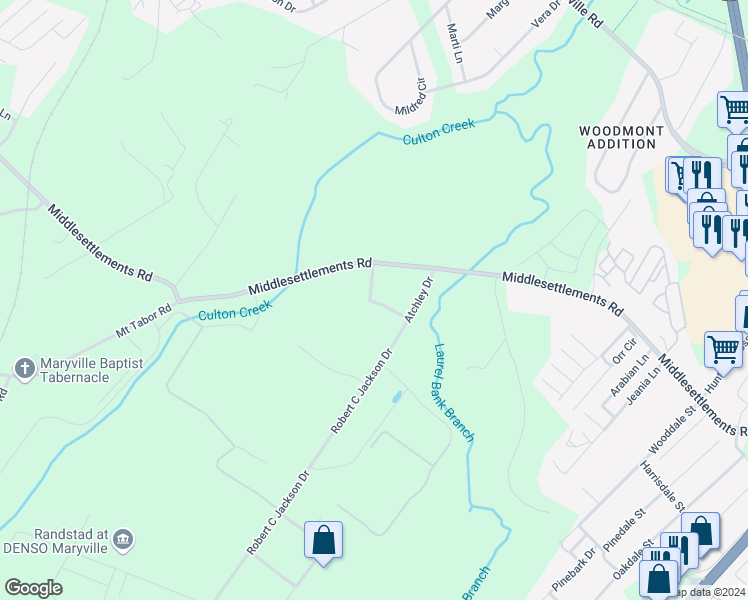 map of restaurants, bars, coffee shops, grocery stores, and more near 125 Stone Tree Drive in Maryville