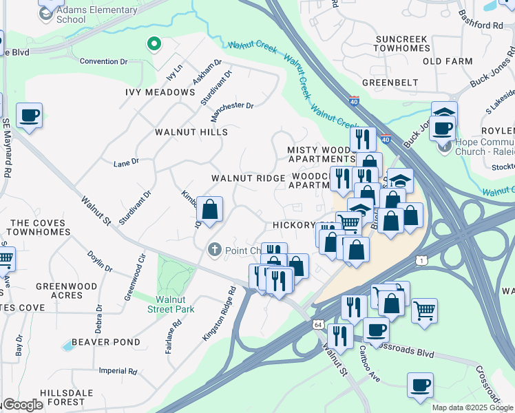 map of restaurants, bars, coffee shops, grocery stores, and more near 1111 Nottingham Circle in Cary