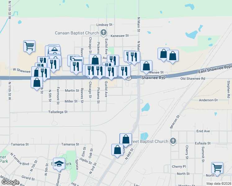 map of restaurants, bars, coffee shops, grocery stores, and more near 311 Douglas Street in Muskogee