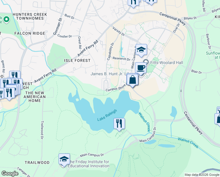 map of restaurants, bars, coffee shops, grocery stores, and more near 2430 Campus Shore Drive in Raleigh