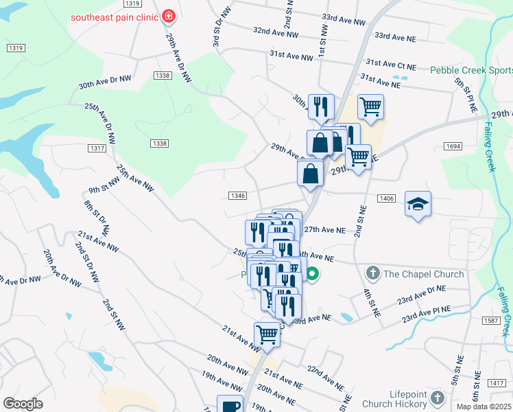 map of restaurants, bars, coffee shops, grocery stores, and more near 104 27th Avenue Drive Northwest in Hickory