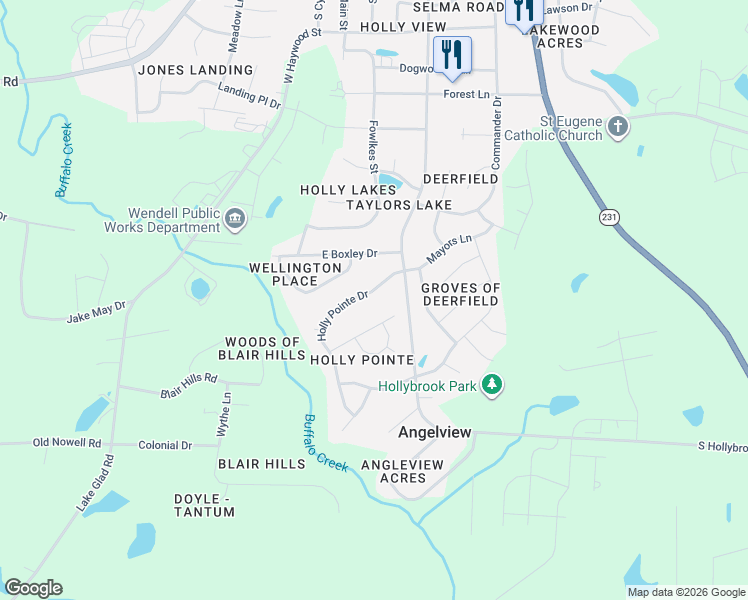 map of restaurants, bars, coffee shops, grocery stores, and more near 528 Yellow Berry Run in Wendell