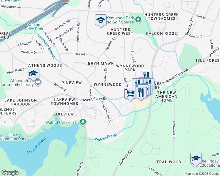 map of restaurants, bars, coffee shops, grocery stores, and more near 3526 Avent Ferry Road in Raleigh