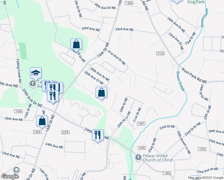 map of restaurants, bars, coffee shops, grocery stores, and more near 1851 30th Avenue Court Northeast in Hickory