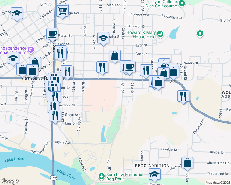 map of restaurants, bars, coffee shops, grocery stores, and more near 7 Hospital Circle in Batesville