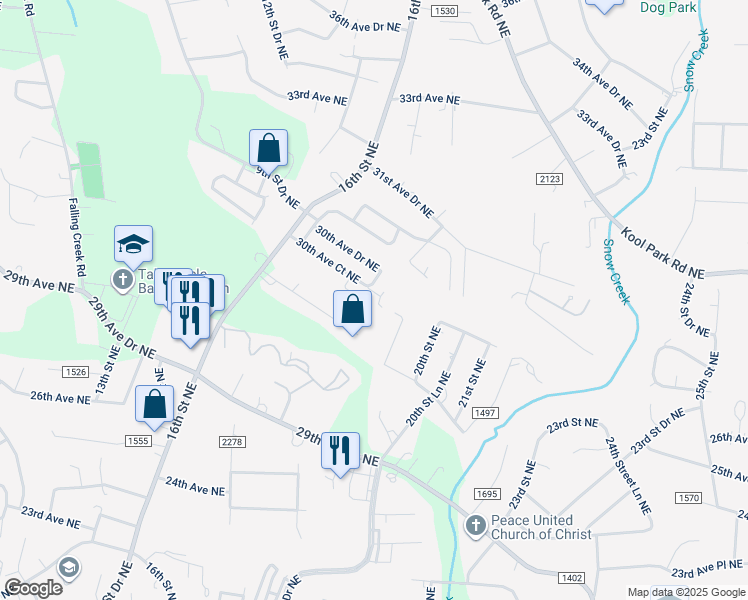 map of restaurants, bars, coffee shops, grocery stores, and more near 1735 30th Avenue Place Northeast in Hickory
