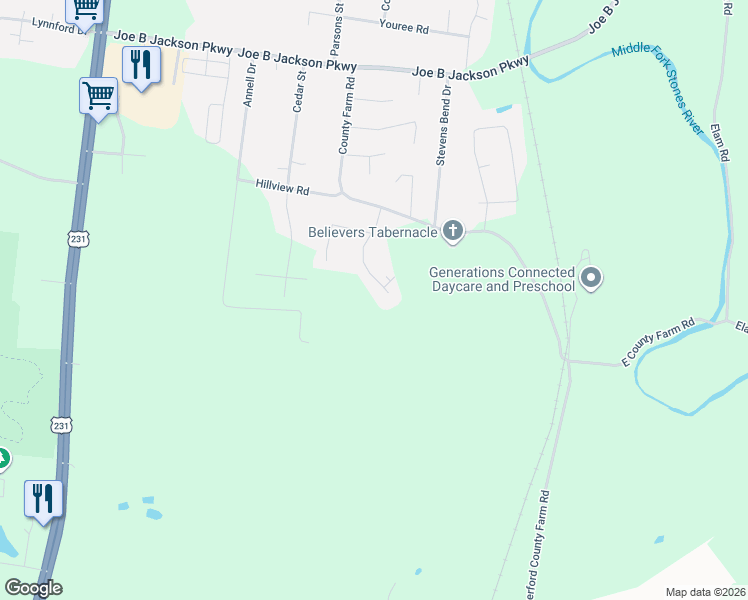 map of restaurants, bars, coffee shops, grocery stores, and more near 3812 Berryhill Drive in Murfreesboro