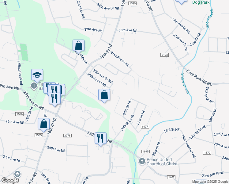 map of restaurants, bars, coffee shops, grocery stores, and more near 1851 30th Avenue Court Northeast in Hickory