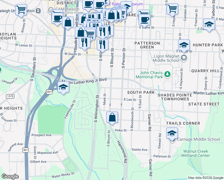 map of restaurants, bars, coffee shops, grocery stores, and more near 918 South Blount Street in Raleigh