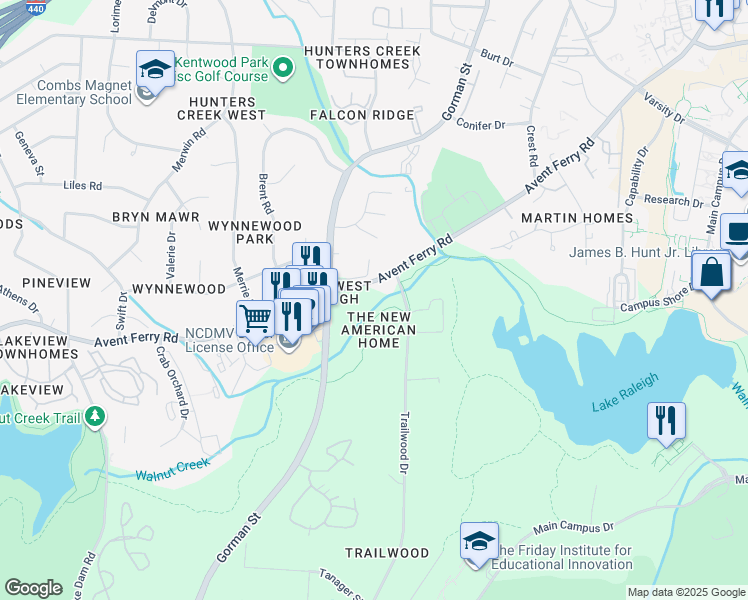 map of restaurants, bars, coffee shops, grocery stores, and more near 1000 Trailwood Drive in Raleigh