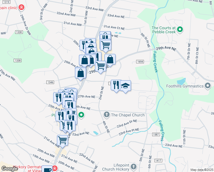 map of restaurants, bars, coffee shops, grocery stores, and more near 2766 2nd Street Northeast in Hickory