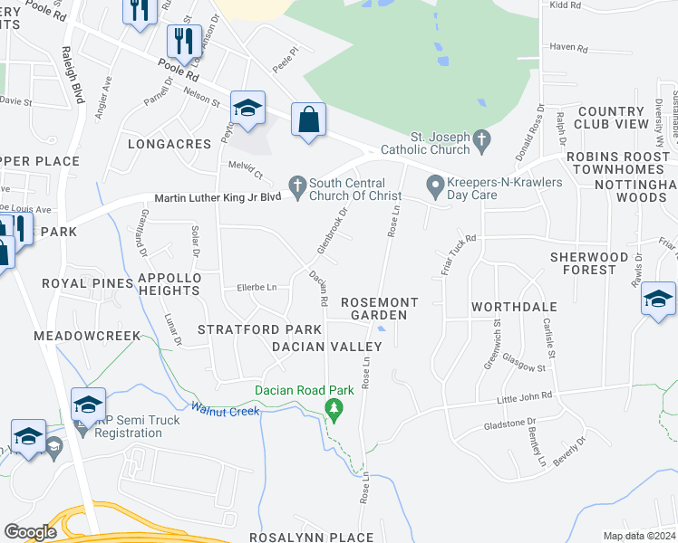 map of restaurants, bars, coffee shops, grocery stores, and more near 2616 Elmhurst Circle in Raleigh