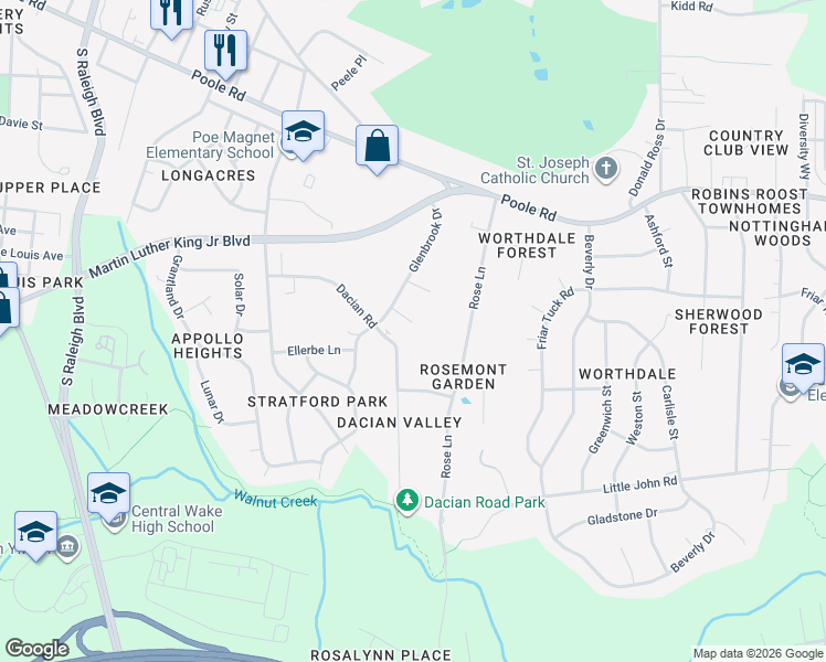 map of restaurants, bars, coffee shops, grocery stores, and more near 2616 Elmhurst Circle in Raleigh