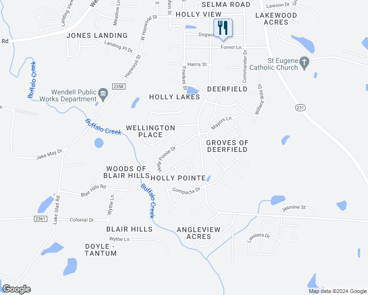 map of restaurants, bars, coffee shops, grocery stores, and more near 1025 Holly Pointe Drive in Wendell