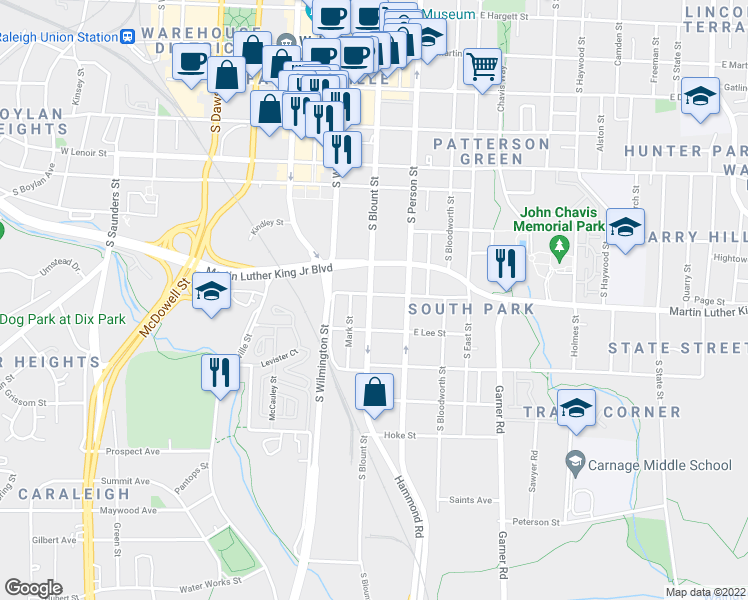 map of restaurants, bars, coffee shops, grocery stores, and more near 918 South Blount Street in Raleigh