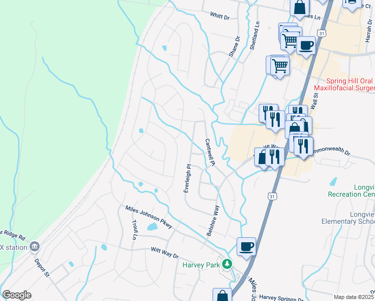 map of restaurants, bars, coffee shops, grocery stores, and more near 5007 Pinhill Pass in Spring Hill